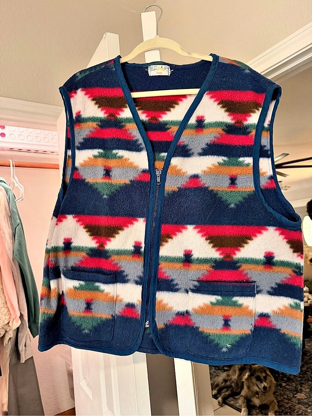 Wendy Southwestern Pattern Fleece Vest in Blue & Red